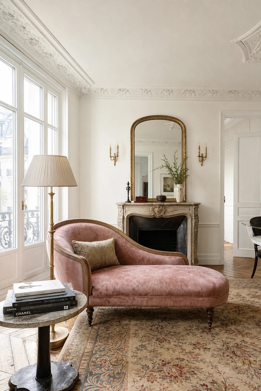 Cozy Parisian living room with warm white walls, ornate plaster moldings, a marble fireplace, tall casement windows, and layered vintage textiles in soft afternoon light