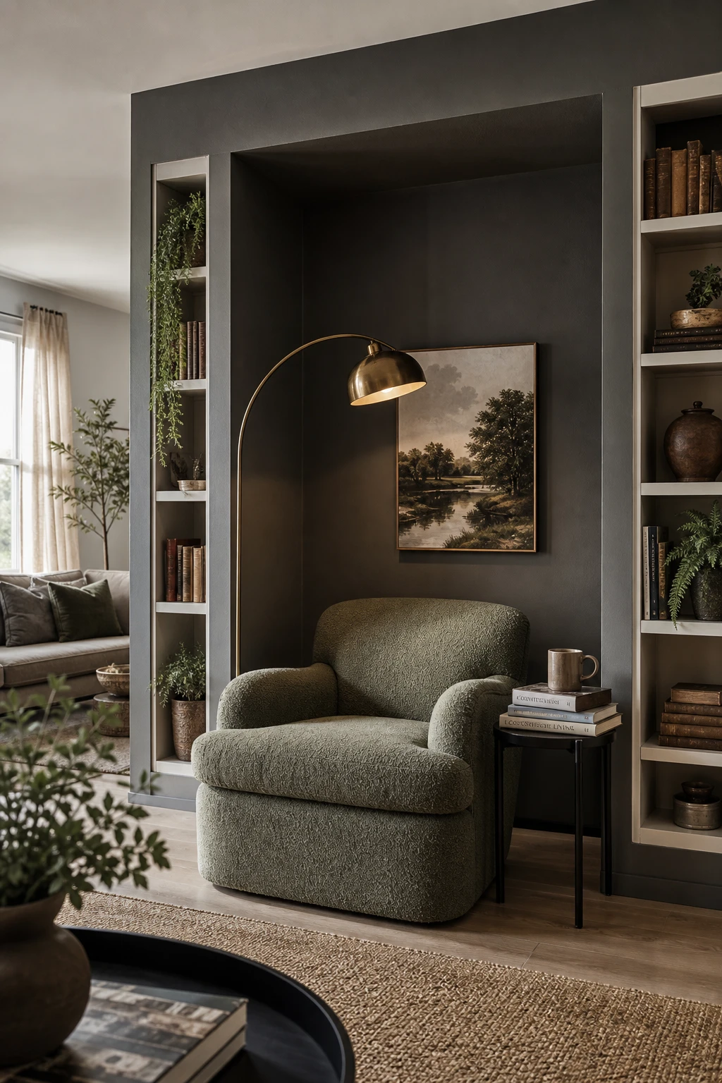 Cozy reading nook in a gray and green living room with a deep armchair, built in shelving, floor lamp, and Farrow and Ball Down Pipe painted walls
