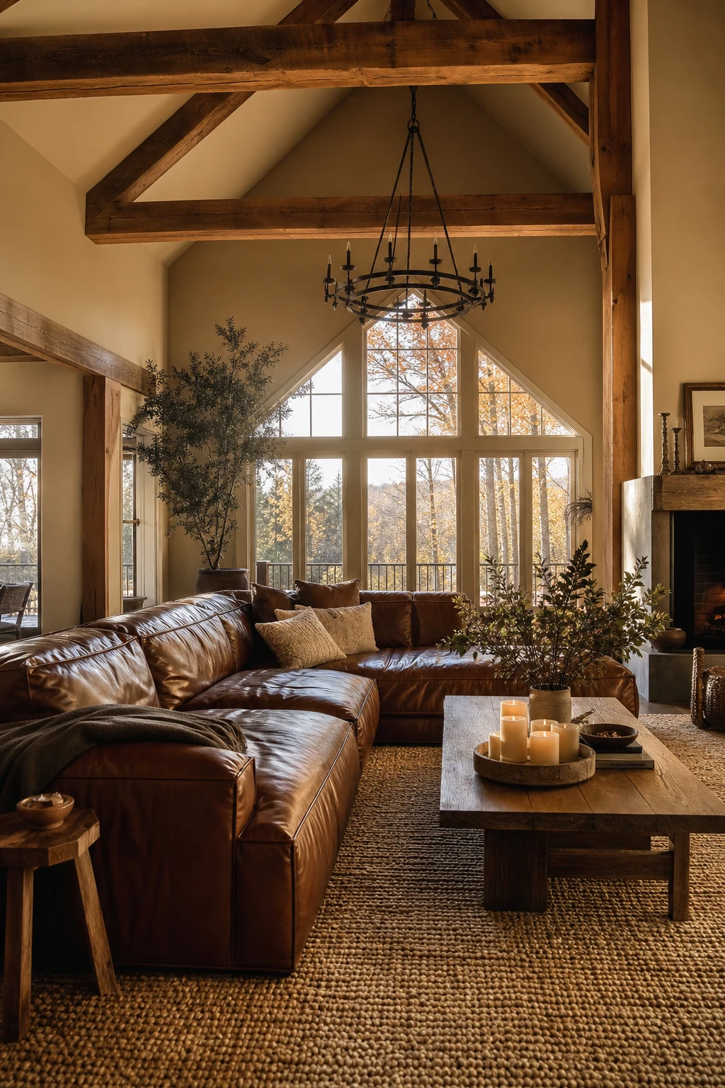 Cozy vaulted ceiling living room with a brown leather sectional as the hero, warm Farrow and Ball Buff walls, exposed timber beams, and soft natural light