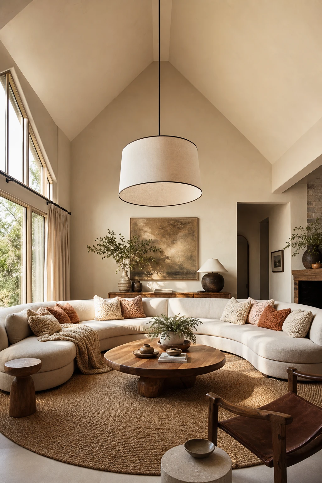 Cozy vaulted ceiling living room with a curved sectional sofa as the centerpiece, warm Joa's White walls, natural light, soft textures and layered rugs