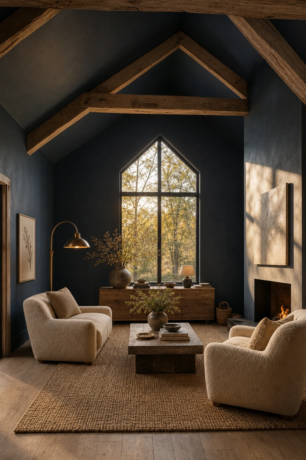 Cozy vaulted ceiling living room with navy blue walls painted in Farrow and Ball Hague Blue, deep armchairs, warm lamplight and exposed timber beams