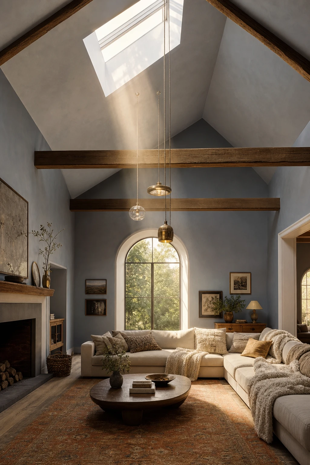 Cozy vaulted living room with a roof skylight flooding warm afternoon light onto Farrow and Ball Borrowed Light blue walls and plush seating below