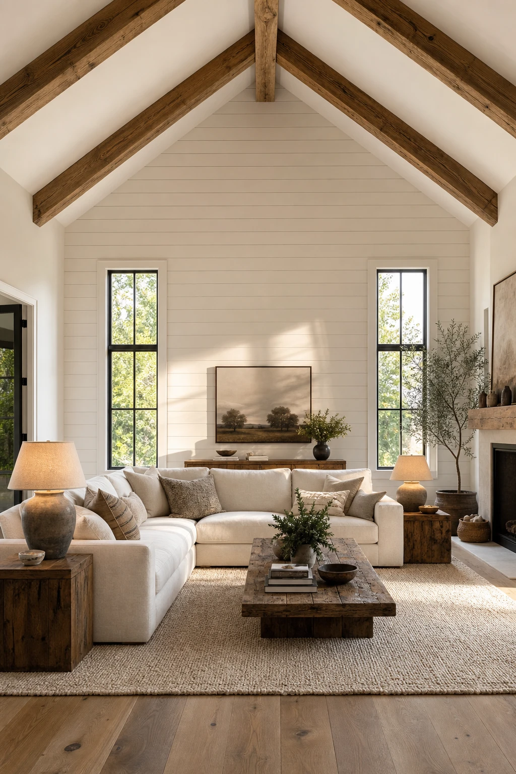 Cozy vaulted living room with shiplap accent wall painted warm white, exposed wood beams, linen sofa, and soft natural light from tall windows