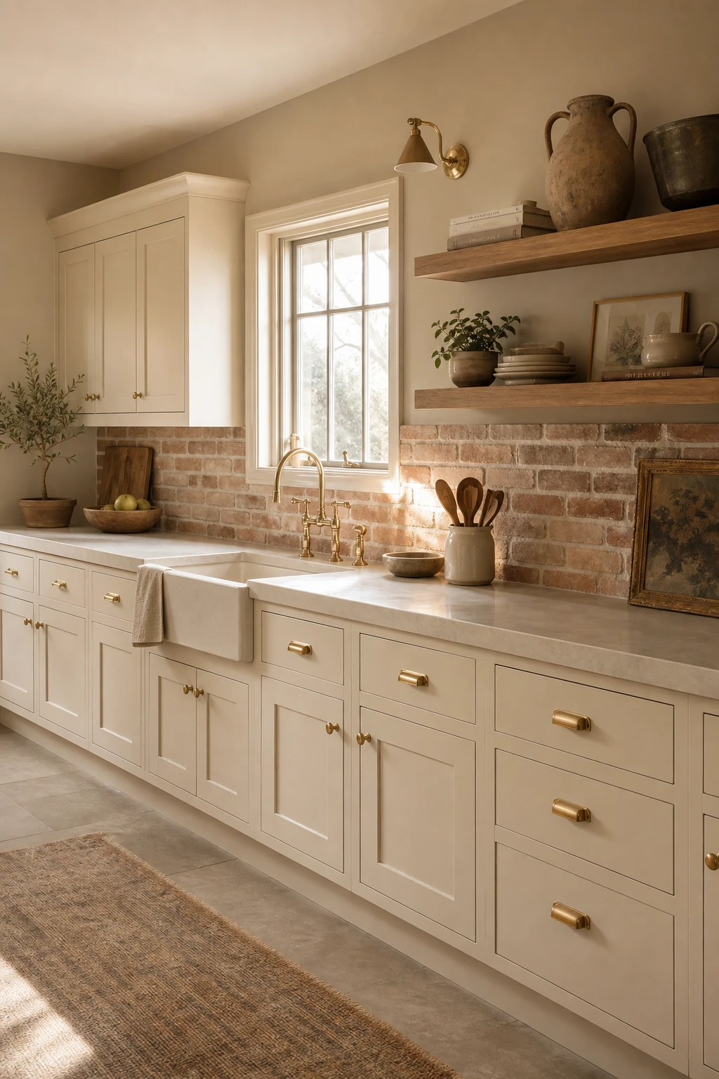 Cream kitchen cabinets with exposed brick backsplash, warm natural light, Farrow and Ball Ammonite paint on upper walls, stone countertops and open shelving