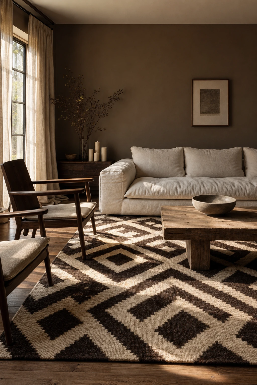 Cream living room with a bold geometric rug as the focal point, warm brown tones, simple furnishings and Farrow and Ball Salon Drab walls