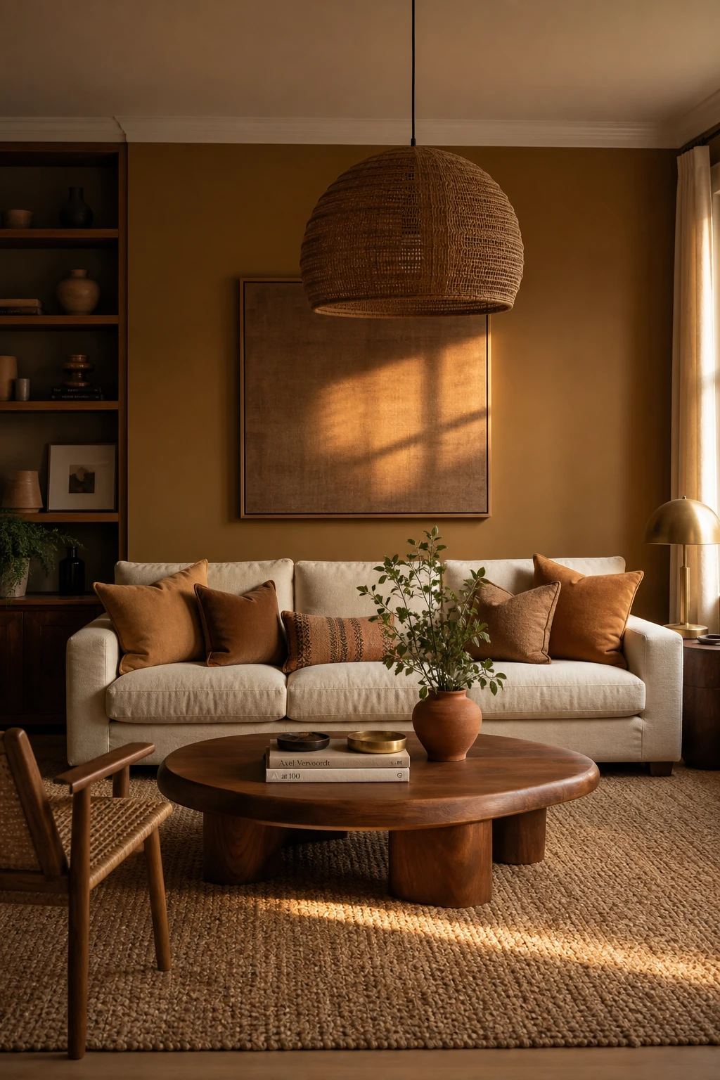 Cream living room with caramel warmth accent tones, honey midtones, plush sofa, woven textures and Farrow and Ball Cardamom painted wall