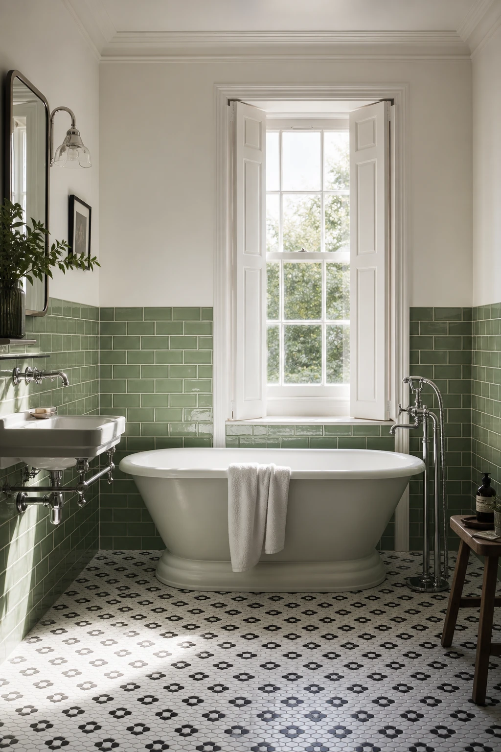 Crisp sage green and white bathroom with high contrast tilework, freestanding tub, and warm natural light on Farrow and Ball New White walls
