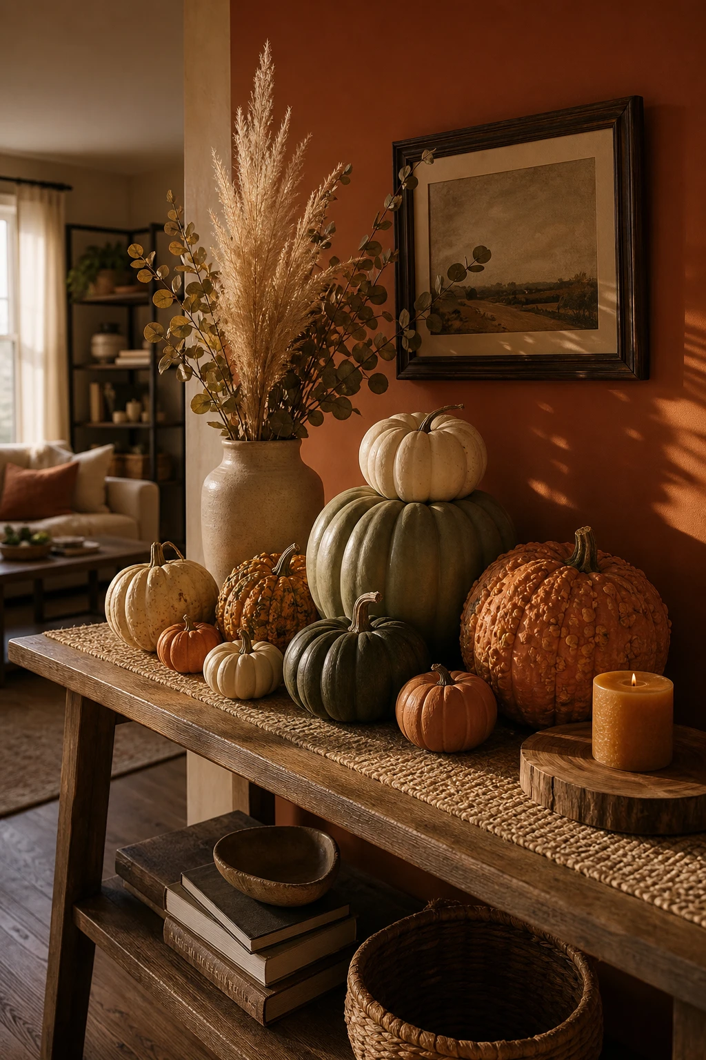 Curated fall apartment pumpkin display on a console table with varied sizes, textures, and finishes styled against a warm orange accent wall