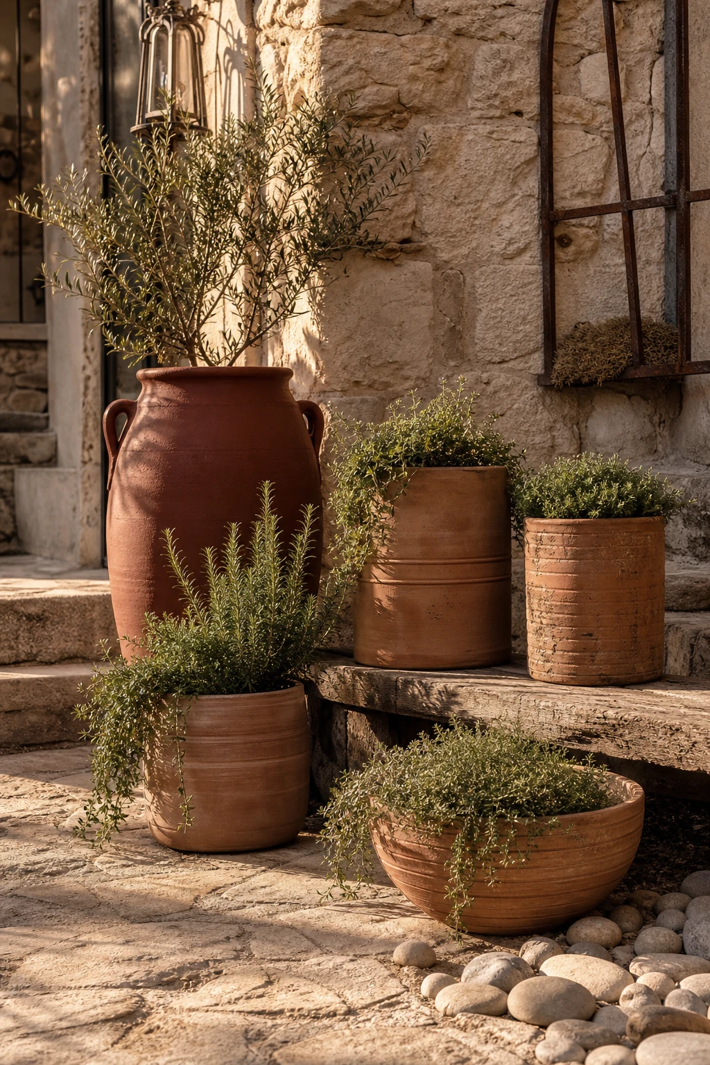 Curated rustic terracotta garden pot grouping in varied heights and sizes on a stone patio, with trailing herbs and warm afternoon sun