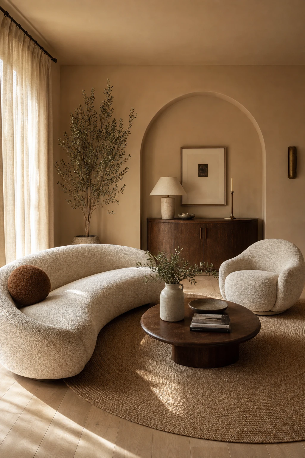 Curved sofa and rounded armchair in a brown and cream living room with Farrow and Ball Naperon walls and soft natural light