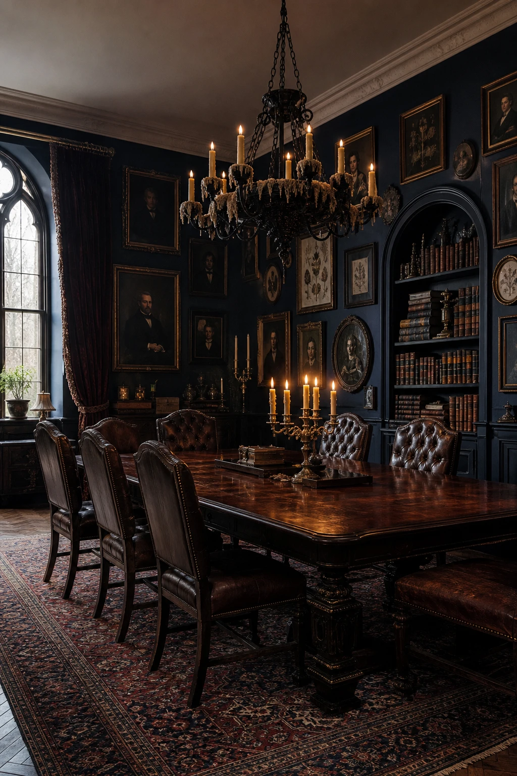 Dark academia navy blue dining room with mahogany furniture, layered vintage art, leather chairs, brass candlesticks and deep Ballroom Blue walls