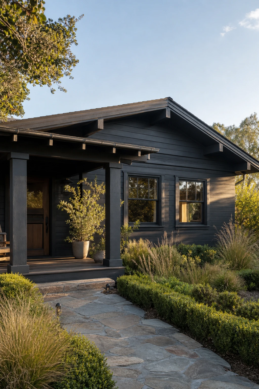 Dark charcoal bungalow exterior painted Farrow & Ball Beetle Black with low roofline, wide front porch, timber columns and lush border plantings in soft afternoon light.