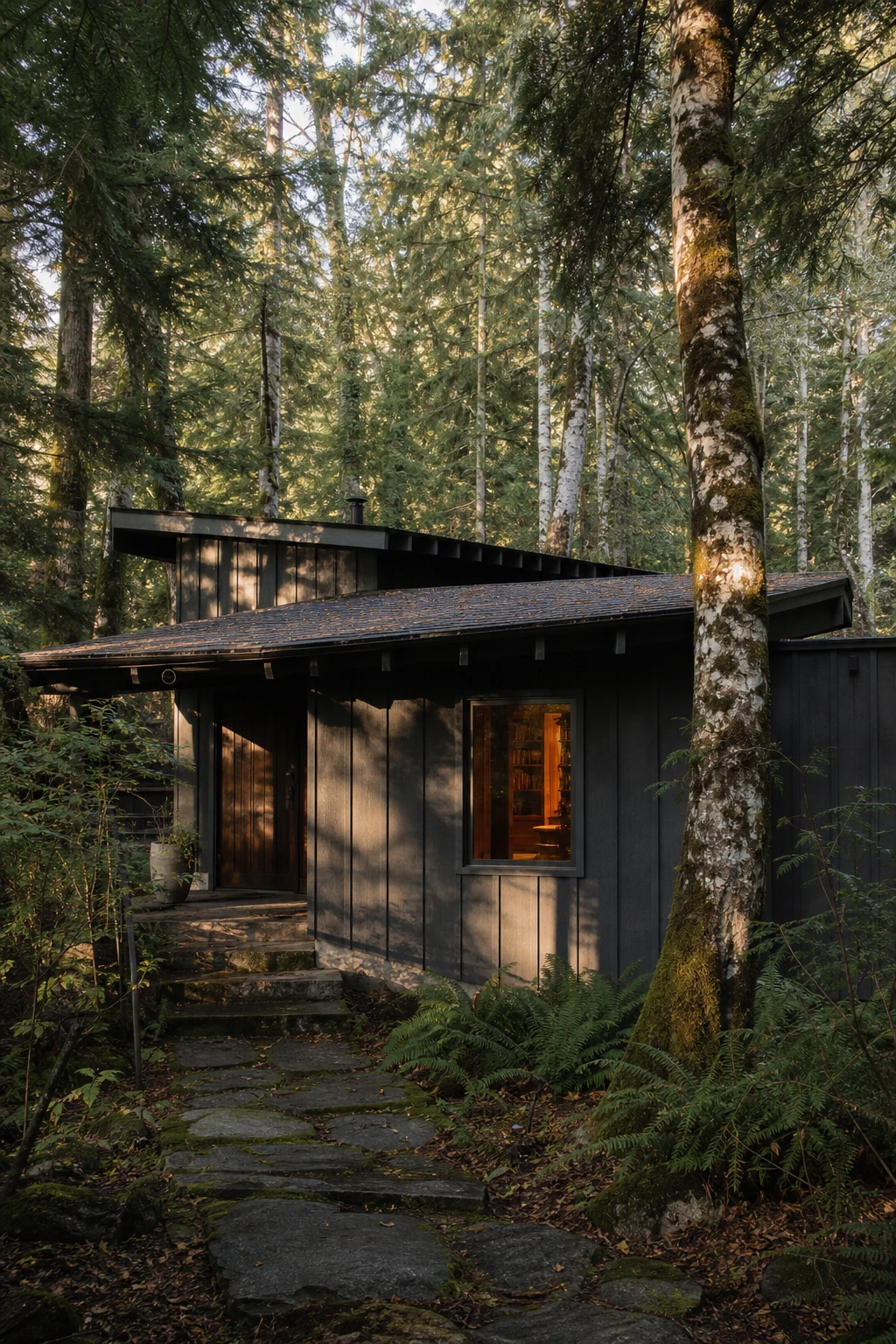 Dark charcoal cabin exterior nestled among tall forest trees, with Farrow and Ball Lamp Room Gray facade blending into the woodland shadows at dusk