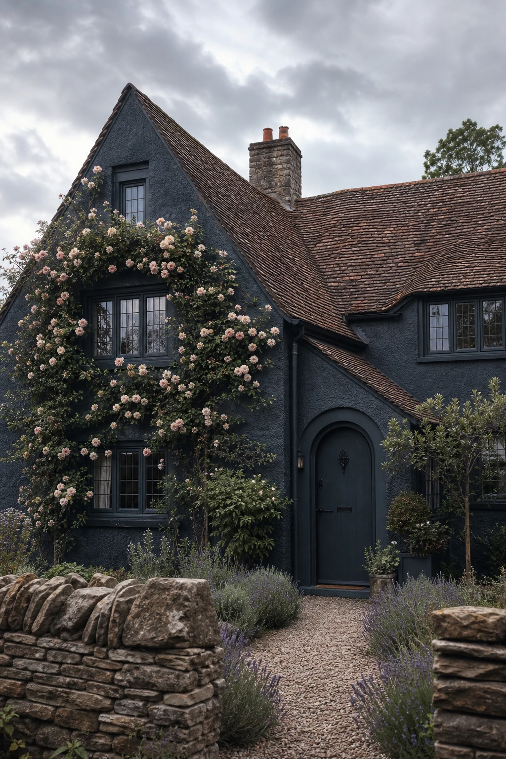 Dark charcoal cottage exterior painted Farrow and Ball Inchyra Blue with climbing roses, arched doorway, cottage garden and leaded casement windows