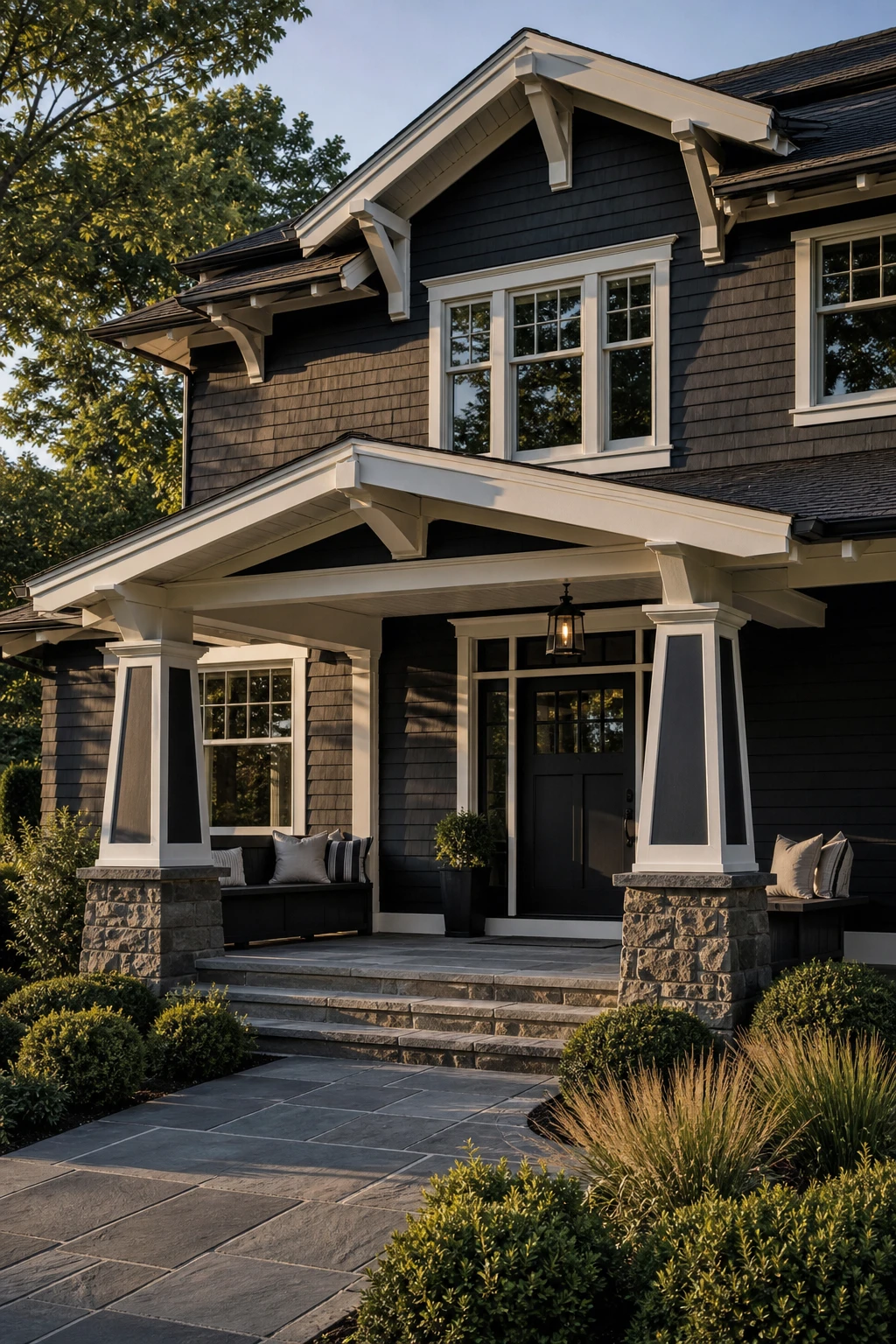 Dark charcoal Craftsman house exterior with Hopper Head painted trim celebrating exposed rafter tails, tapered columns, decorative brackets and wide front porch