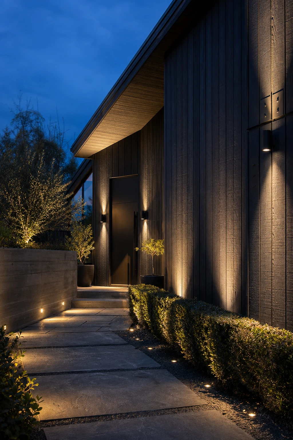 Dark charcoal house exterior at dusk with uplighting illuminating textured cladding, recessed path lights, and a glowing front entrance under deep evening sky