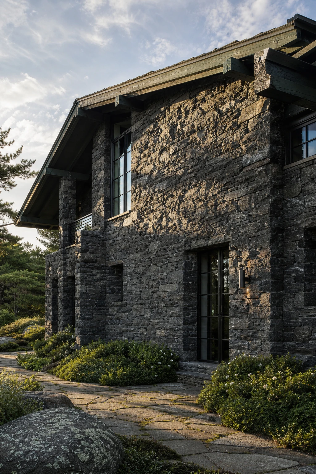 Dark charcoal house exterior clad entirely in rough stone with Farrow and Ball Reduced Green painted timber fascia boards and deep set black windows