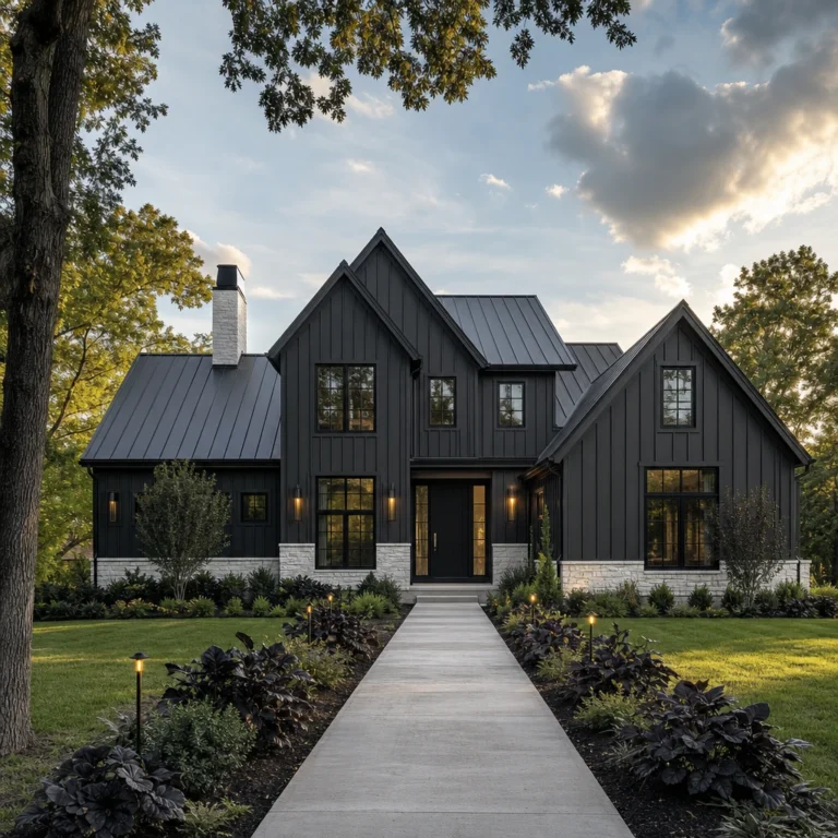 Dark charcoal board and batten house exterior with white stone base, black steel windows, a standing seam metal roof, and a long concrete walkway leading to the front door in warm late afternoon light.