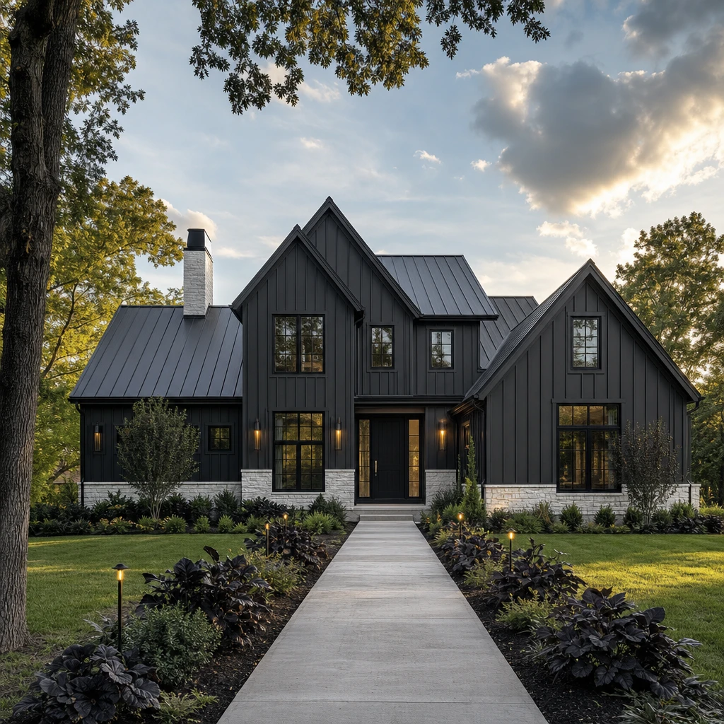 Dark charcoal board and batten house exterior with white stone base, black steel windows, a standing seam metal roof, and a long concrete walkway leading to the front door in warm late afternoon light.