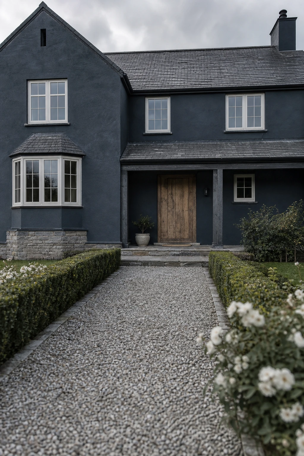 Dark charcoal house exterior painted in Farrow and Ball Stiffkey Blue with blue grey tones, white trim, slate roof and timber front door in evening light