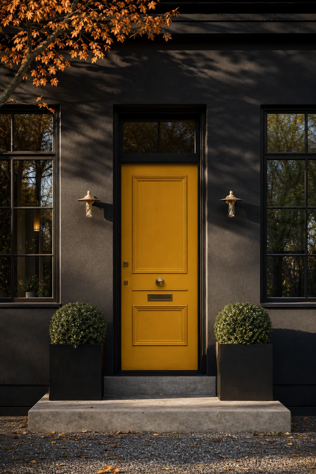 Dark charcoal house exterior with a bold yellow front door as the focal point, set against deep grey rendered walls and black window frames