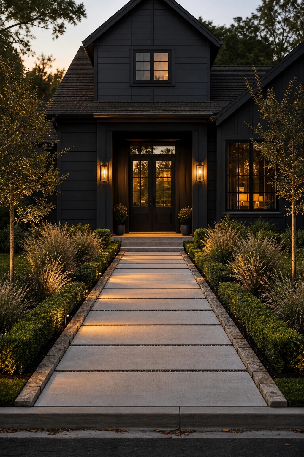 Dark charcoal house exterior with a long front walkway leading to the front door, flanked by low plantings and warm lantern lighting at dusk
