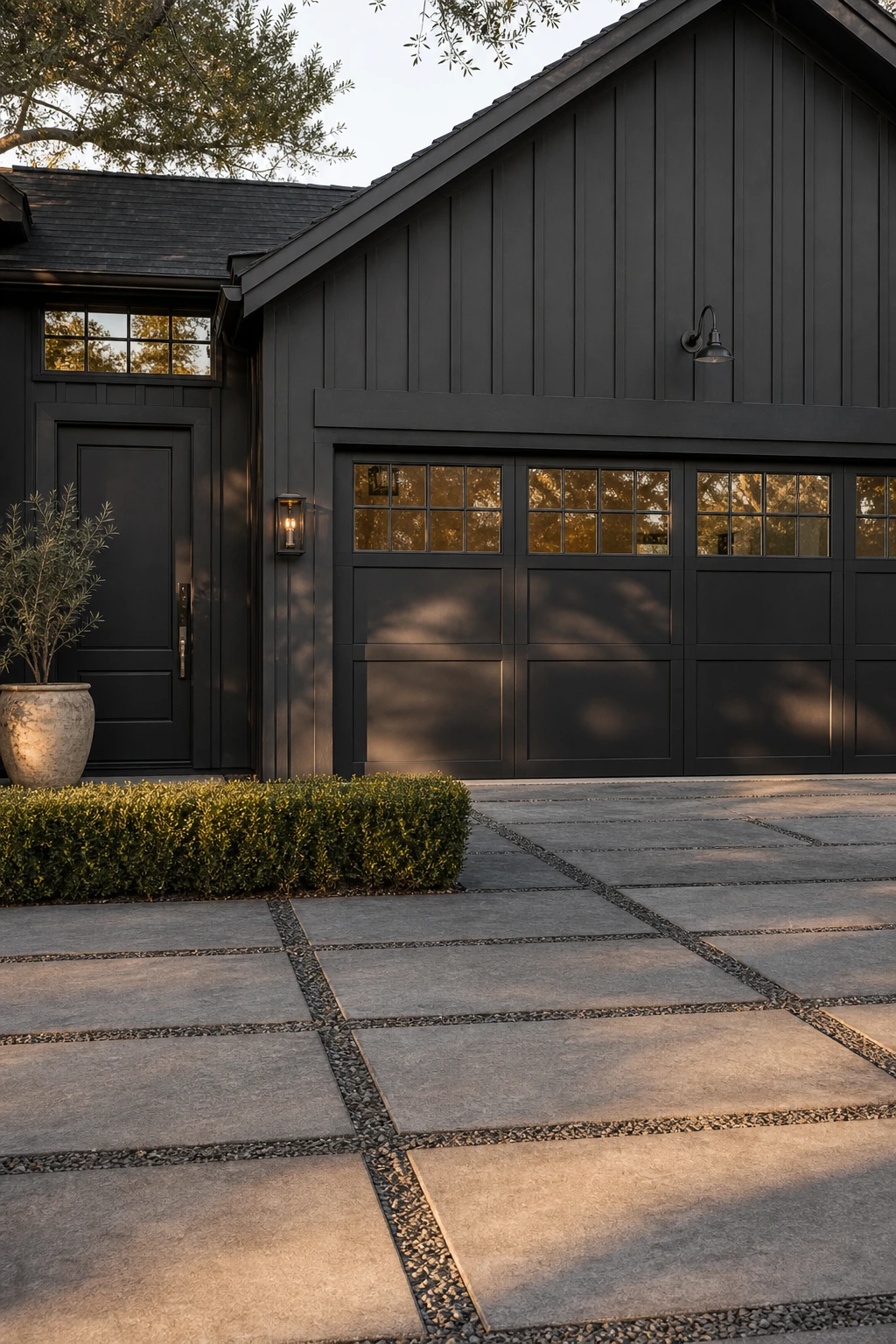 Dark charcoal house exterior with black garage door featuring grid windows, Farrow & Ball Bible Black facade, stone driveway and mature shrubs in late afternoon light