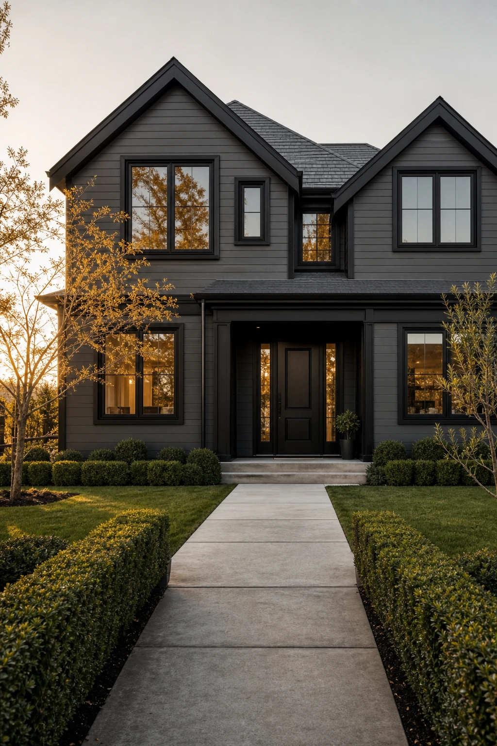 Dark charcoal house exterior with black trim framed by mature trees, shot in golden hour side light, magazine quality architectural photography