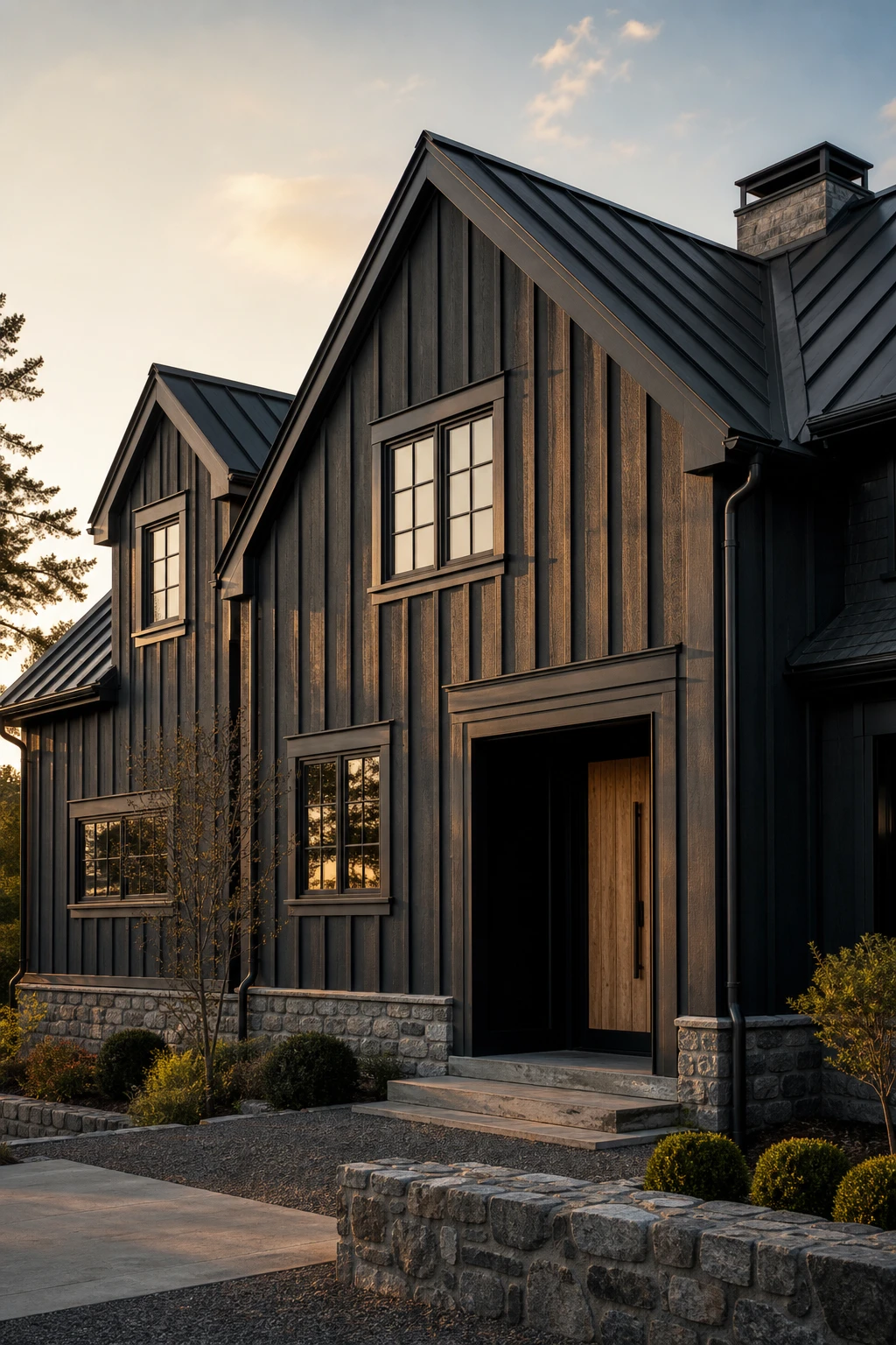 Dark charcoal house exterior with black trim, steep gabled roofline, board and batten siding, black casement windows, and natural stone foundation in soft evening light.