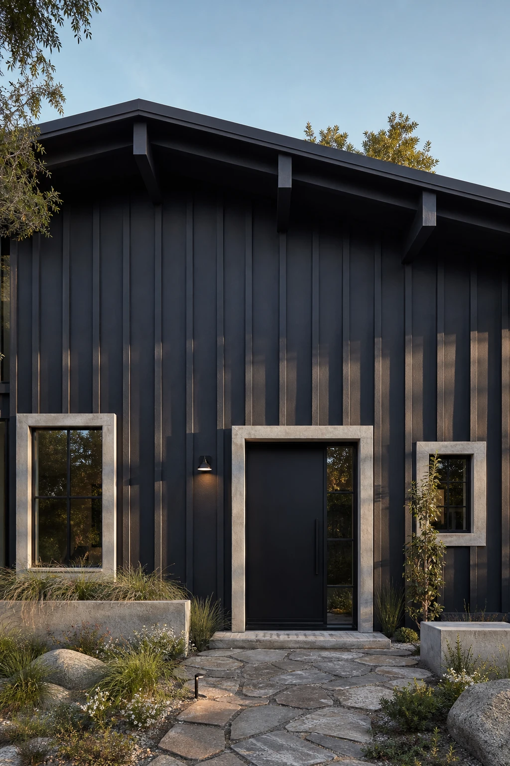 Dark charcoal house exterior with bold board and batten siding painted Farrow and Ball Railings, vertical lines drawing the eye upward under warm afternoon light