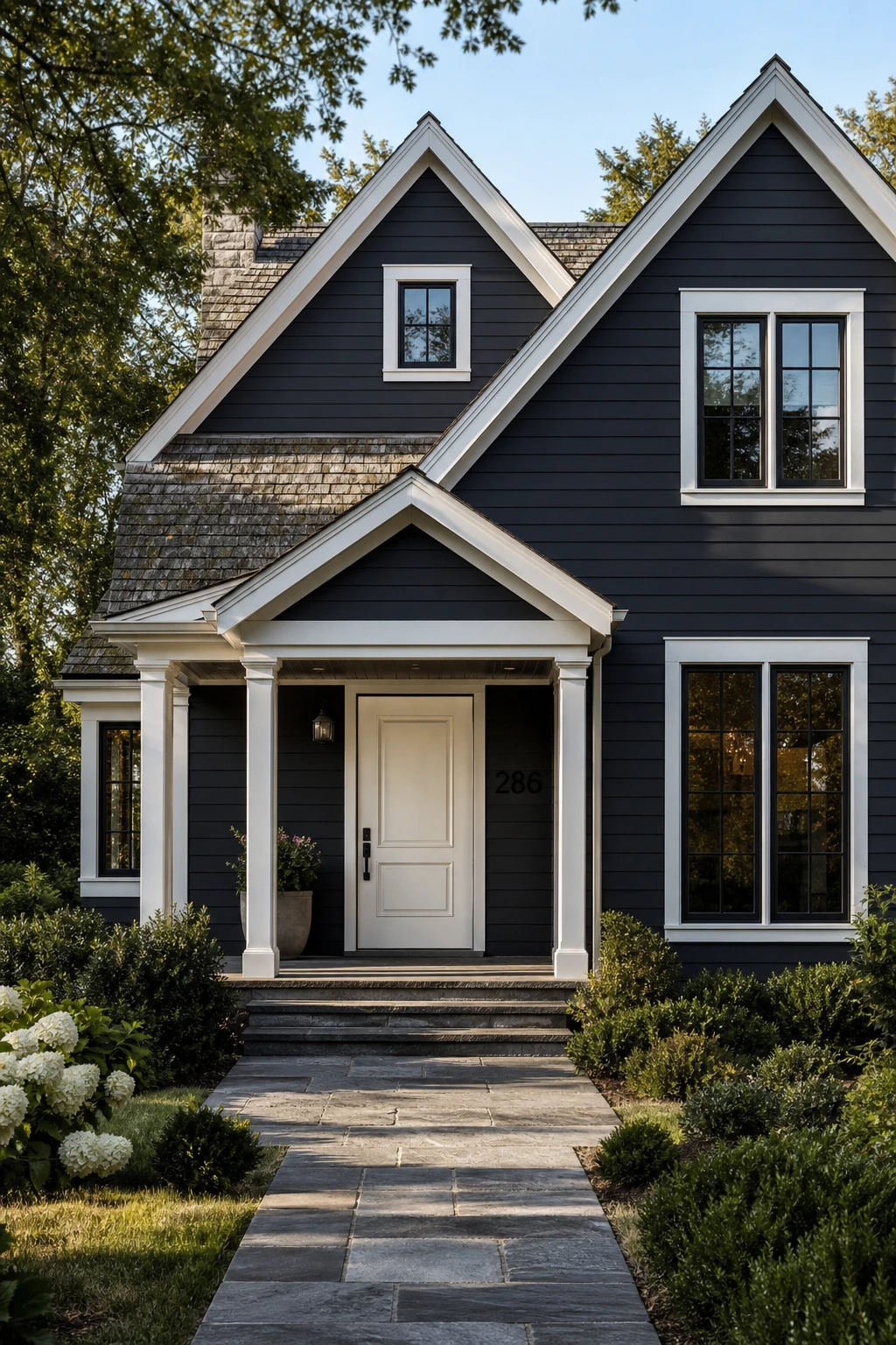 Dark charcoal house exterior with crisp white trim framing windows and roofline, photographed in sharp afternoon light showing high contrast architectural definition