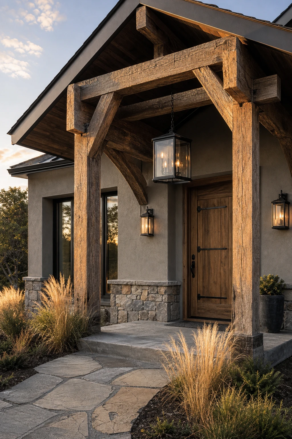 Dark charcoal house exterior with exposed wood beam accents framing the porch, Farrow and Ball Purbeck Stone facade, stone pathway, and mature landscaping at golden hour