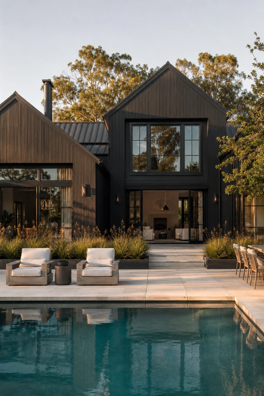 Dark charcoal house exterior with pool patio backdrop, Farrow and Ball Stoke grey facade, stone pavers, water feature and lounge seating in afternoon light