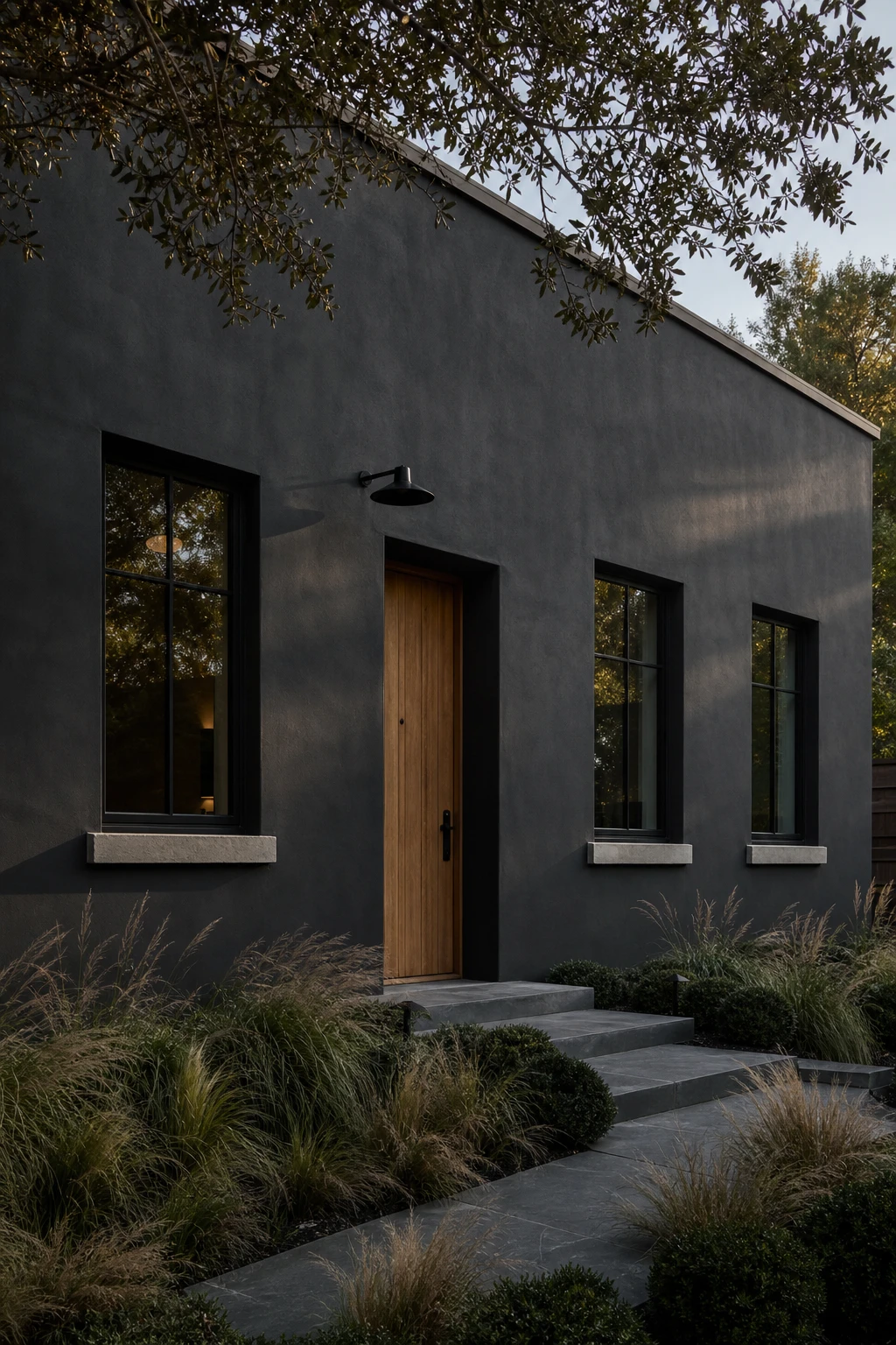 Dark charcoal house exterior with smooth dark stucco facade painted Manor House Gray, black framed windows, timber front door and landscaped entry garden