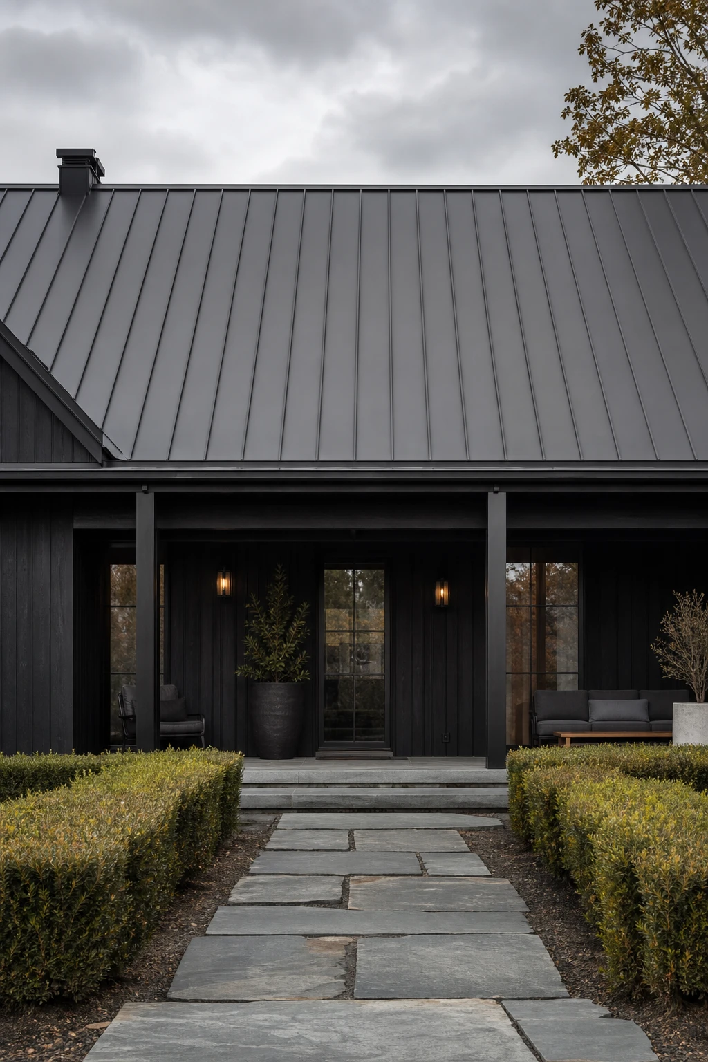 Dark charcoal house exterior with standing seam metal roof as hero, Farrow & Ball Smelt Black facade, black trim, stone pathway, mature landscaping, overcast natural light