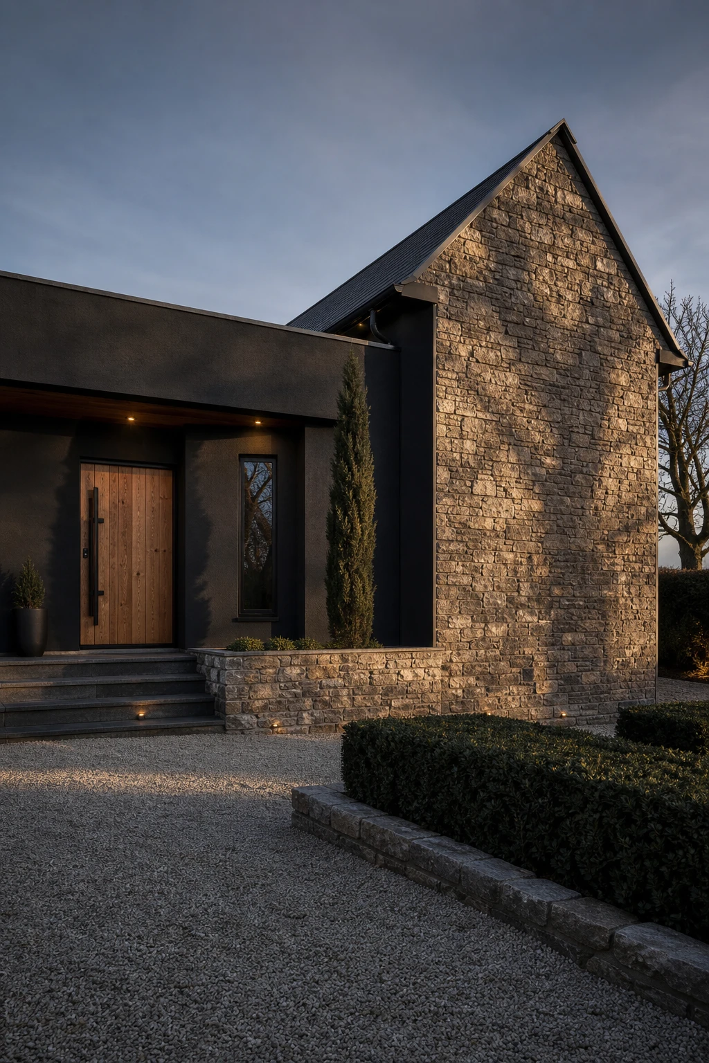 Dark charcoal house exterior with stone contrast, Farrow and Ball Tar painted render meeting raw natural stone walls under soft afternoon side light