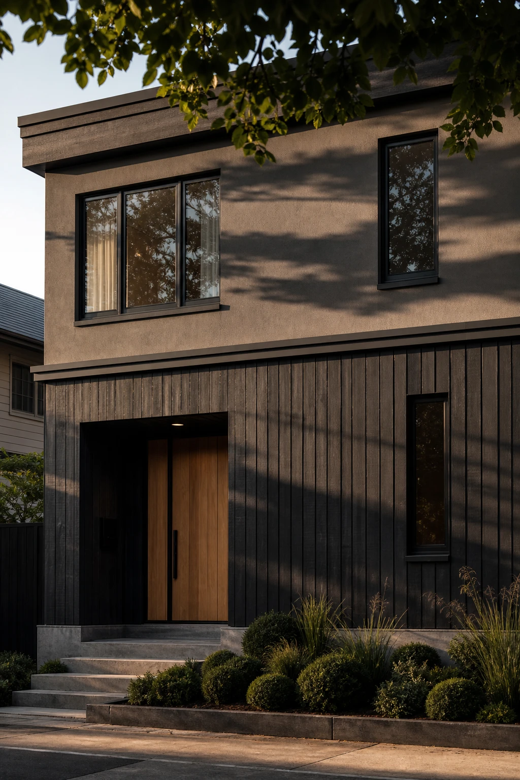 Dark charcoal house exterior with two tone colour zones split at the belt course, upper storey in deep grey and lower in charcoal, natural afternoon light