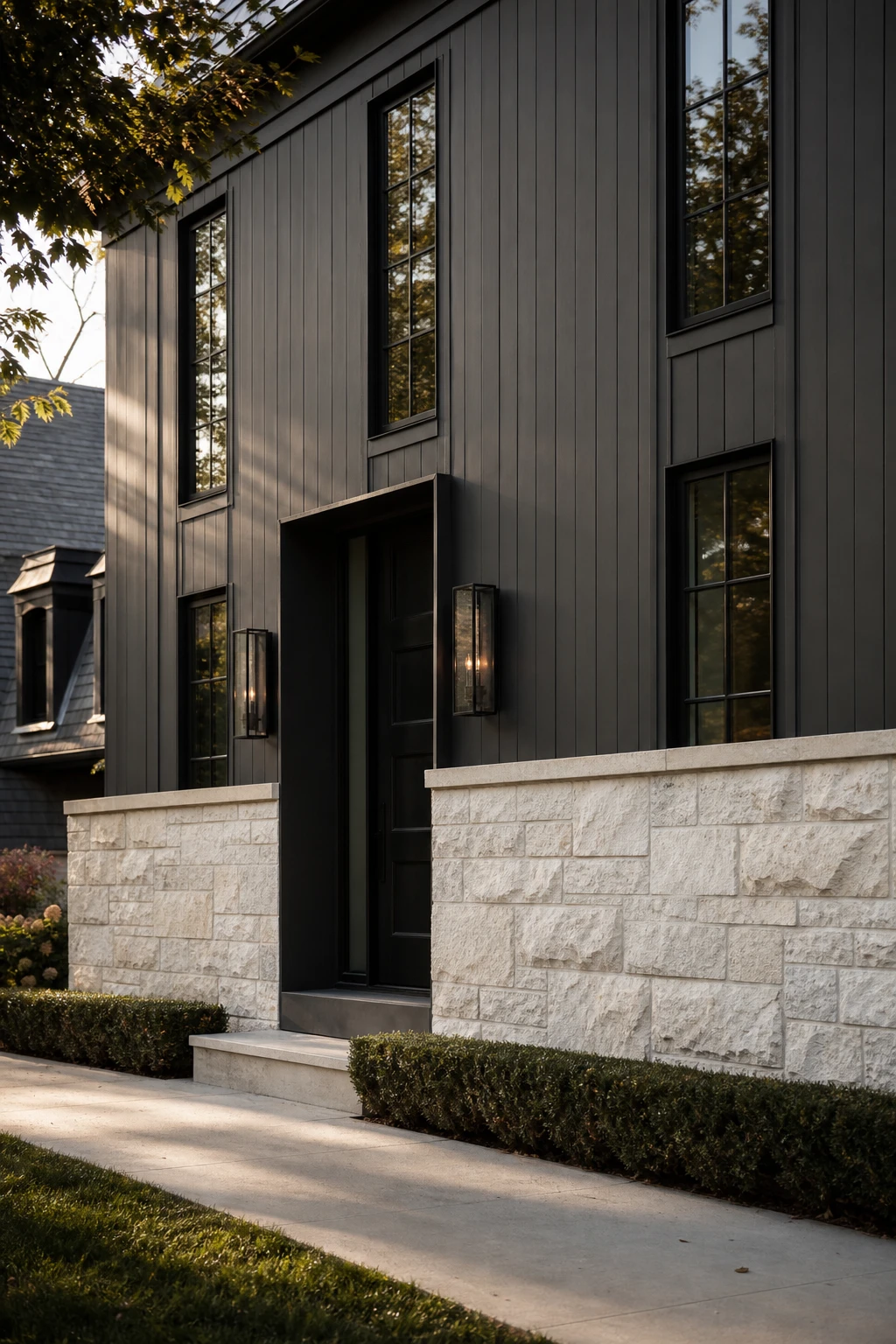 Dark charcoal house exterior with white stone base foundation, black facade above, grounding the structure in elegant contrast under soft natural light