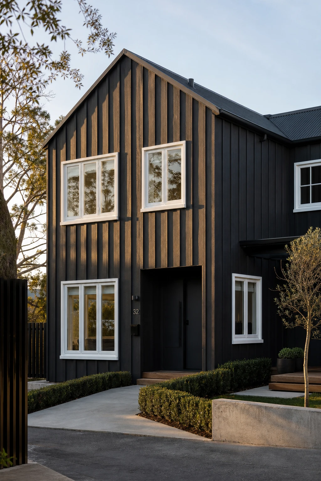 Dark charcoal house exterior with white windows as hero feature, Farrow and Ball Cornforth White trim, late afternoon side light, magazine quality architectural photography