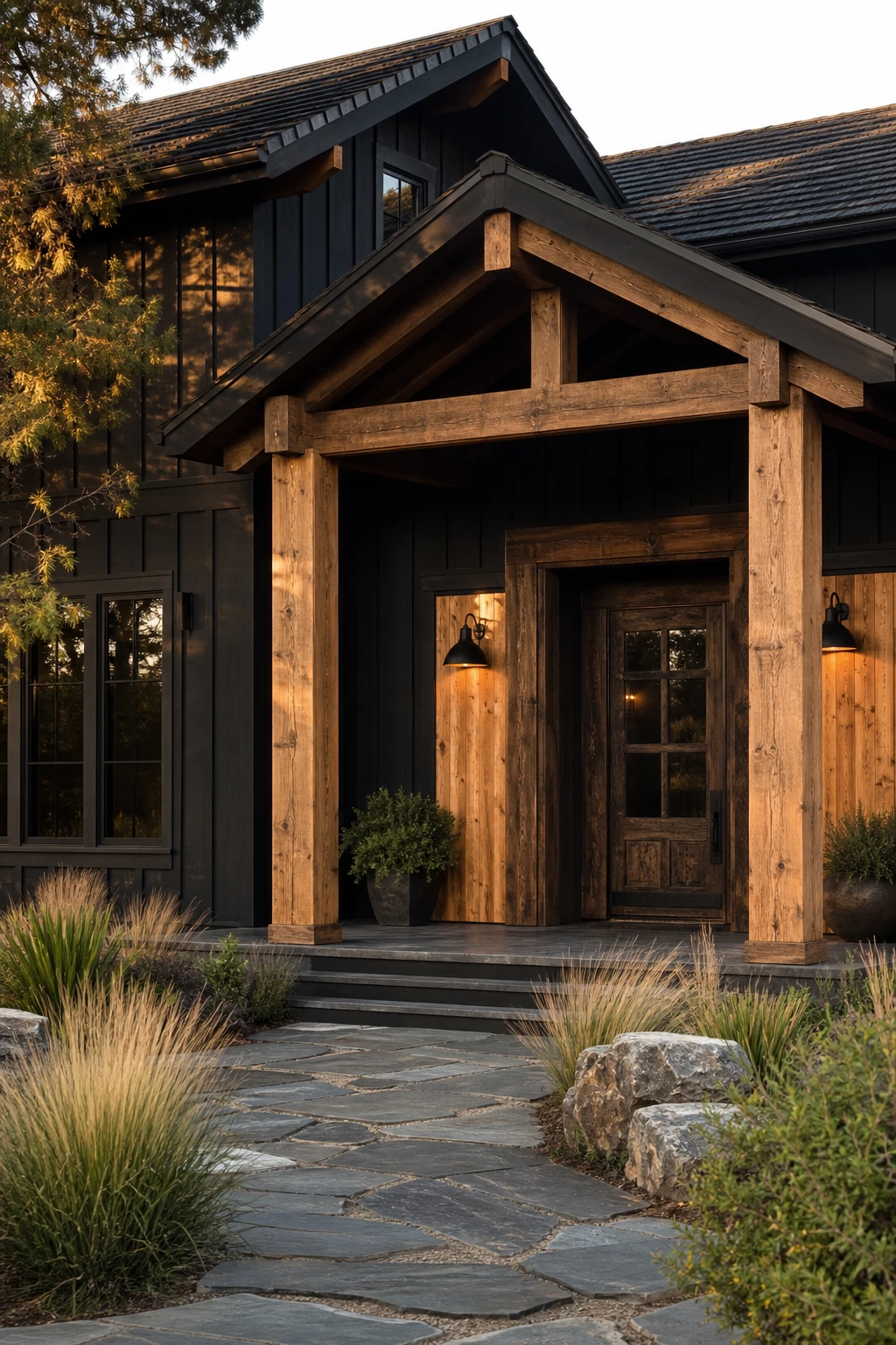 Dark charcoal house exterior with wood accents on gabled porch posts and fascia, painted in Farrow and Ball Pitch Black with warm afternoon light