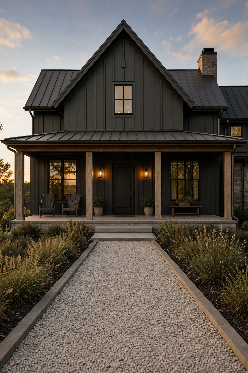 Dark charcoal modern farmhouse exterior with steep gabled roofline, board and batten siding, black trim, white gravel path, and warm porch light at dusk
