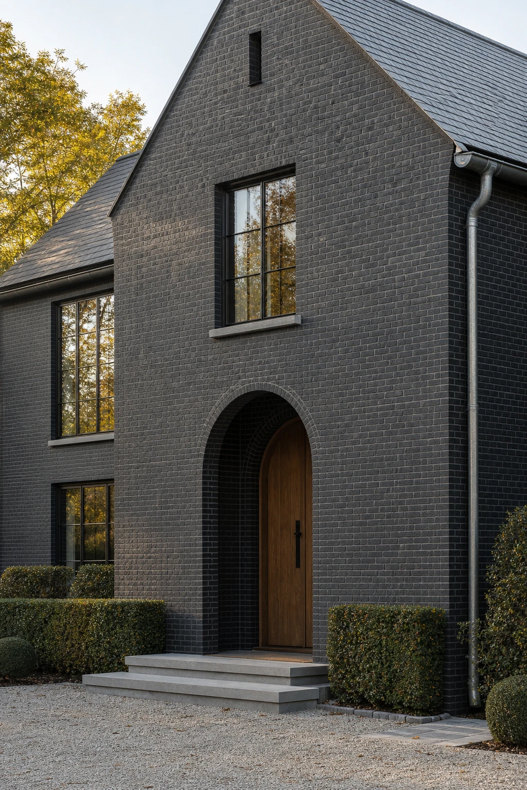 Dark charcoal painted brick house exterior with Farrow and Ball Plummett facade, black framed windows, slate roof, and climbing ivy in soft morning light