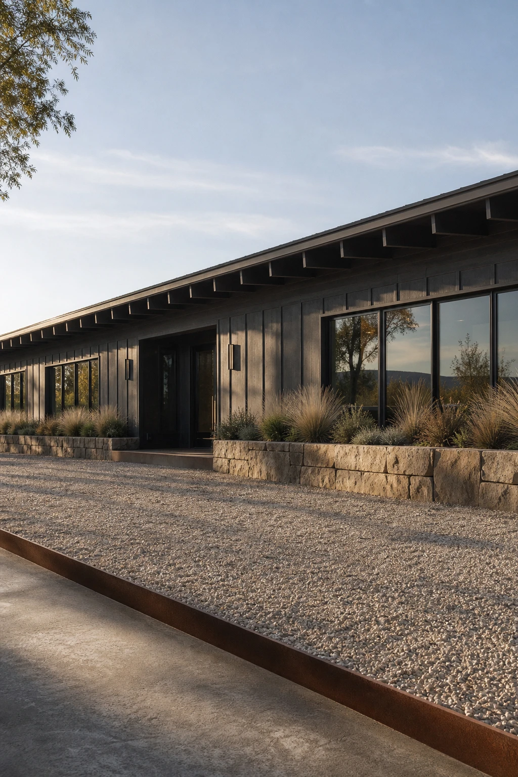 Dark charcoal ranch house exterior with low horizontal roofline, Farrow & Ball Inchyra Blue cladding, wide eaves, stone planters and gravel drive in late afternoon light