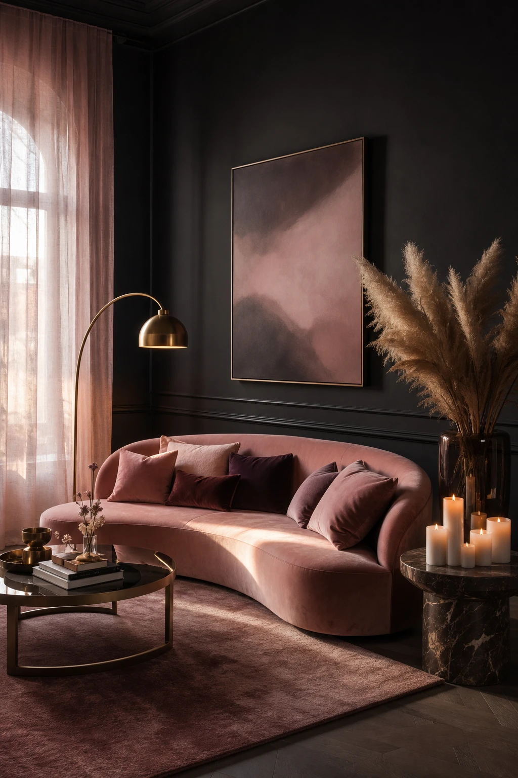 Dark feminine living room with deep black walls, blush velvet sofa, brass accents, moody candlelight, and layered pink textiles creating a luxurious intimate mood