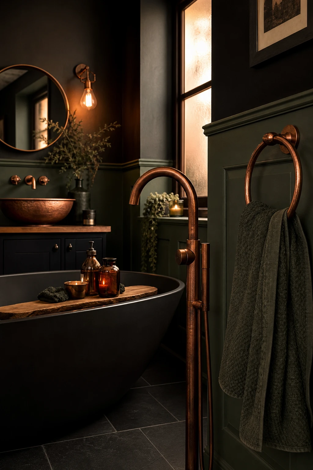 Dark green and black bathroom with copper accents as hero, featuring Farrow Ball Paean Black walls, copper fixtures and warm evening light