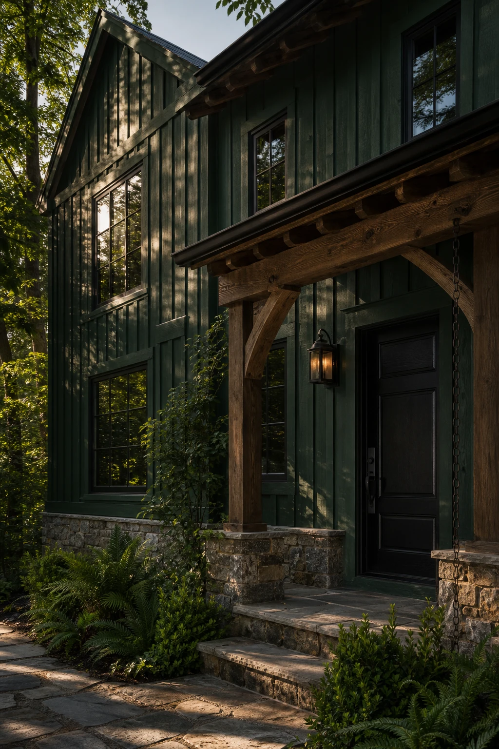 Dark green sided house exterior with deep forest tones, black trim, timber porch beams, stone foundation, and dense garden plantings in late afternoon light