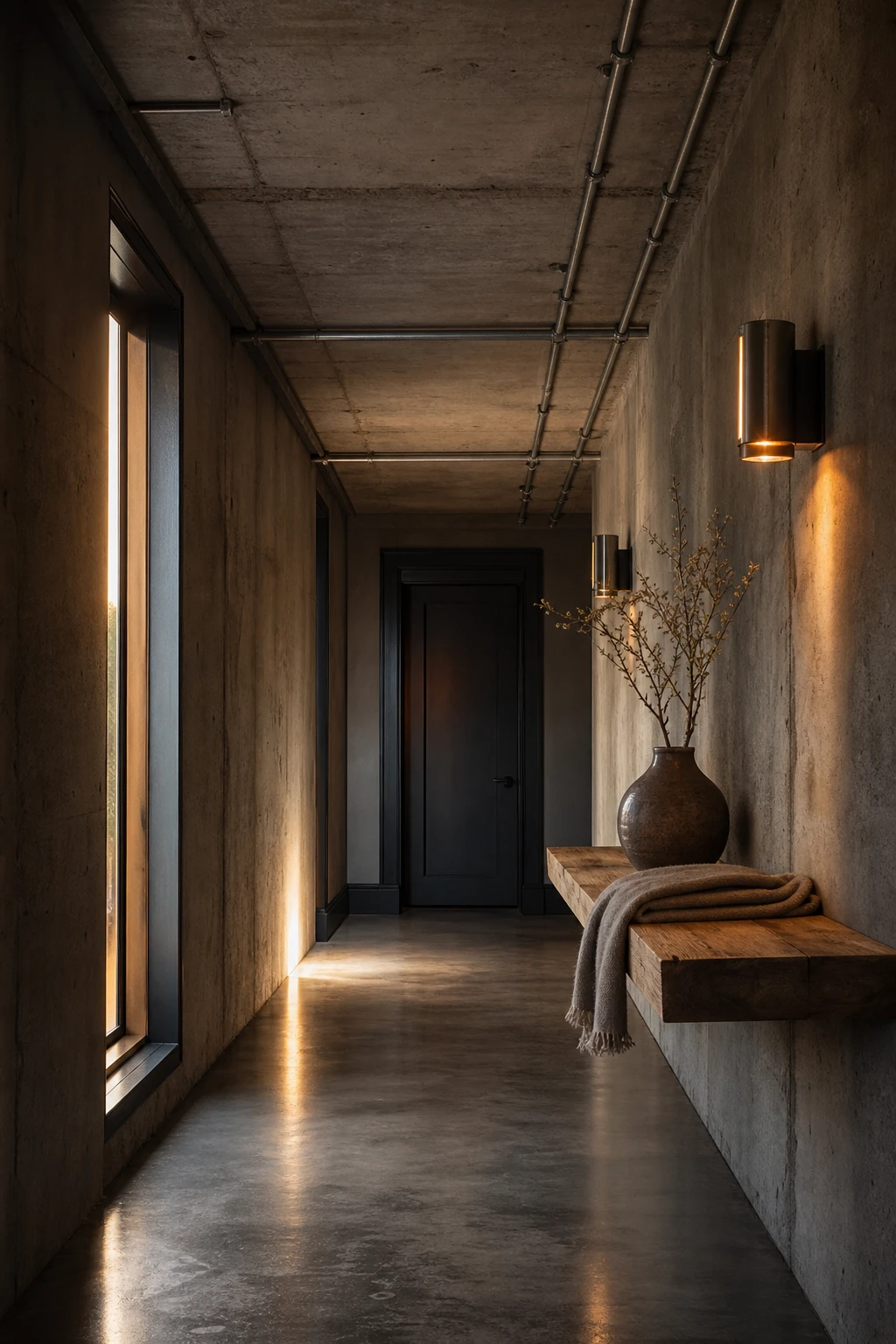 Dark hallway with industrial raw finish featuring exposed metal conduit, raw concrete wall, warm timber shelf, and Farrow & Ball Off Black painted trim