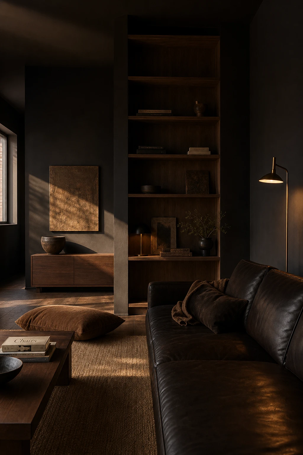 Dark minimalist apartment interior with black and brown palette, leather sofa, walnut shelving, and Farrow and Ball Tar painted walls in warm natural light