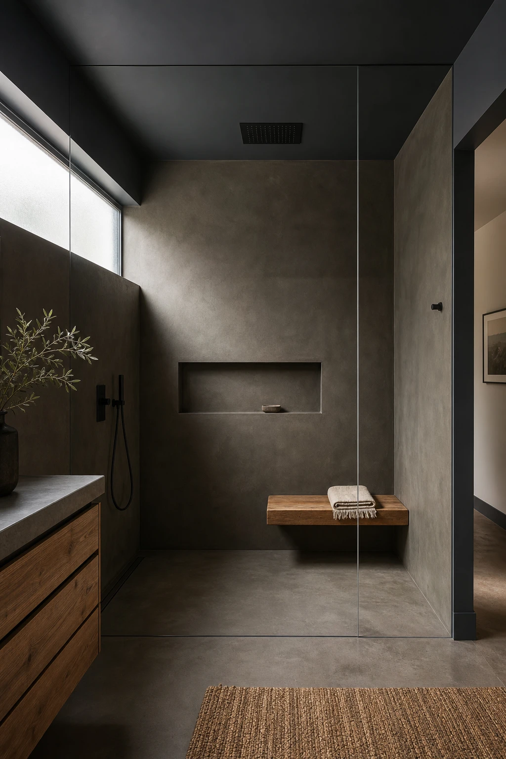 Dark minimalist bathroom with a concrete shower as the hero, featuring Farrow and Ball Railings trim and soft natural light from a frosted side window