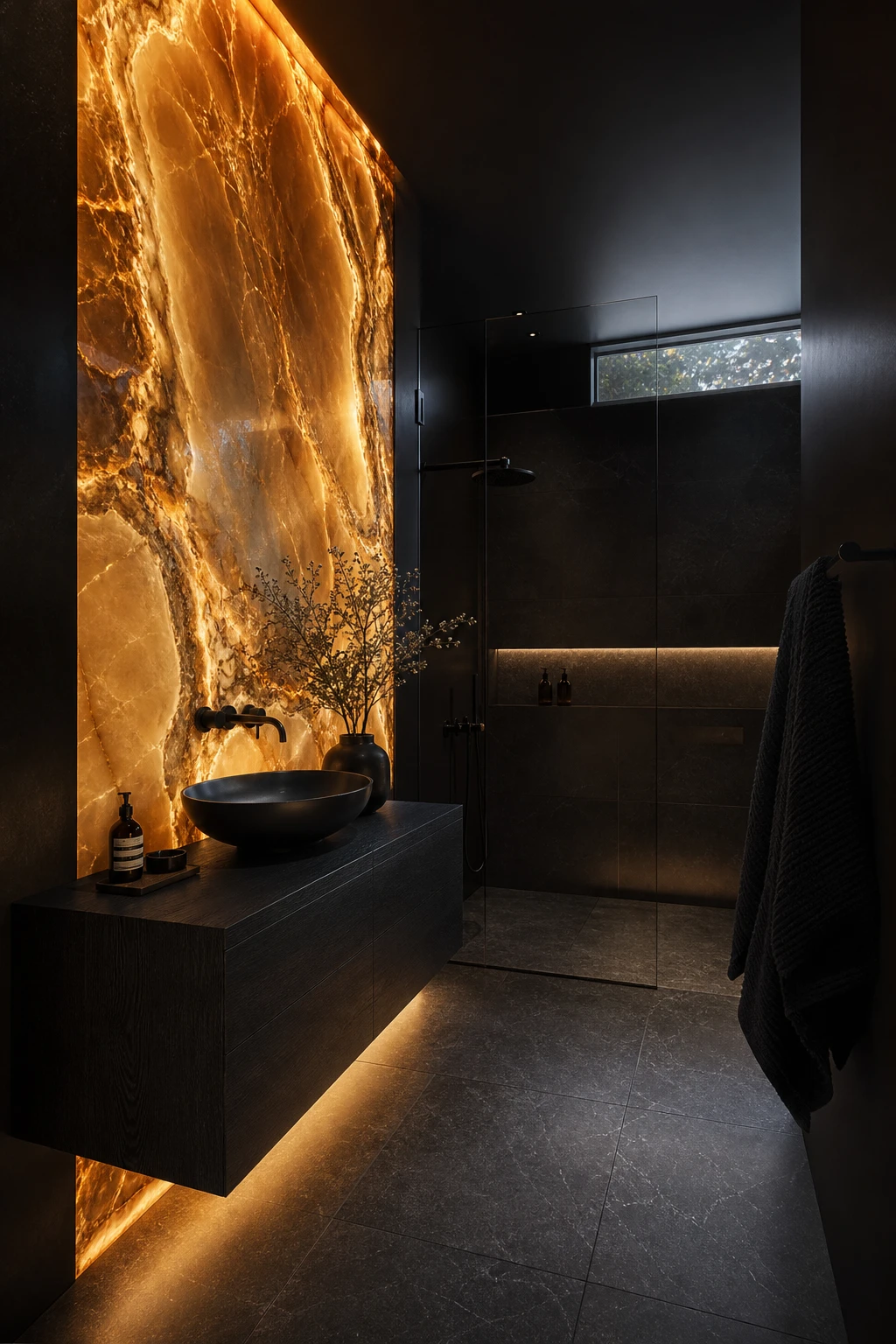 Dark minimalist bathroom with backlit onyx stone wall glowing amber and gold, black fixtures, floating vanity, and Farrow and Ball Liquorice painted ceiling
